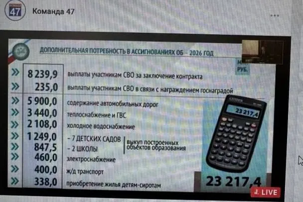 Финансовые власти Ленинградской области сообщили о дефиците почти 8,5 млрд рублей на выплаты участникам боевых действий и о необходимости дополнительных ассигнований на соцвыплаты и коммунальную инфраструктуру.