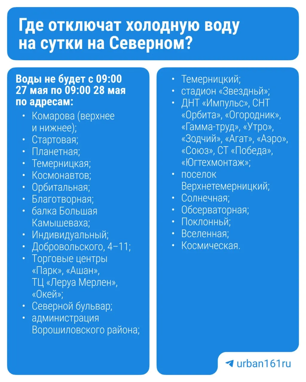 В районе Северный 27 мая прекратят подачу холодной воды на время плановых работ на сетях. Рекомендуется заранее запастись водой и учесть временные неудобства.