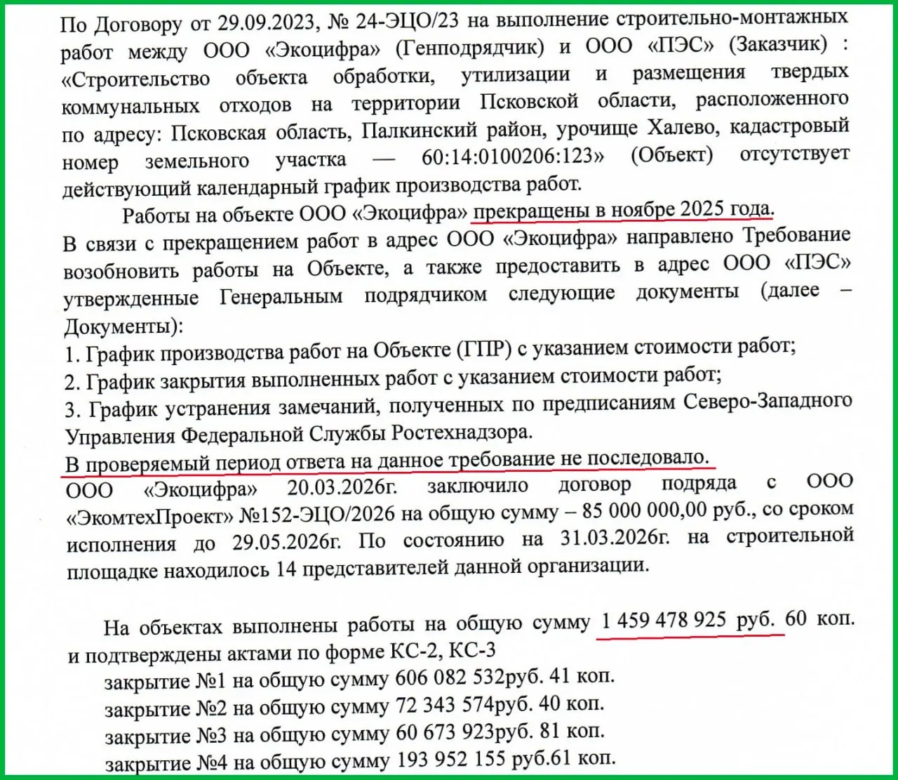 Подрядчик «Экоцифра» прекратил работы в ноябре 2025 года. При контракте более 4 млрд рублей на объекте освоено около 1,46 млрд; в апрельской проверке зафиксировано отсутствие календарного графика работ.
