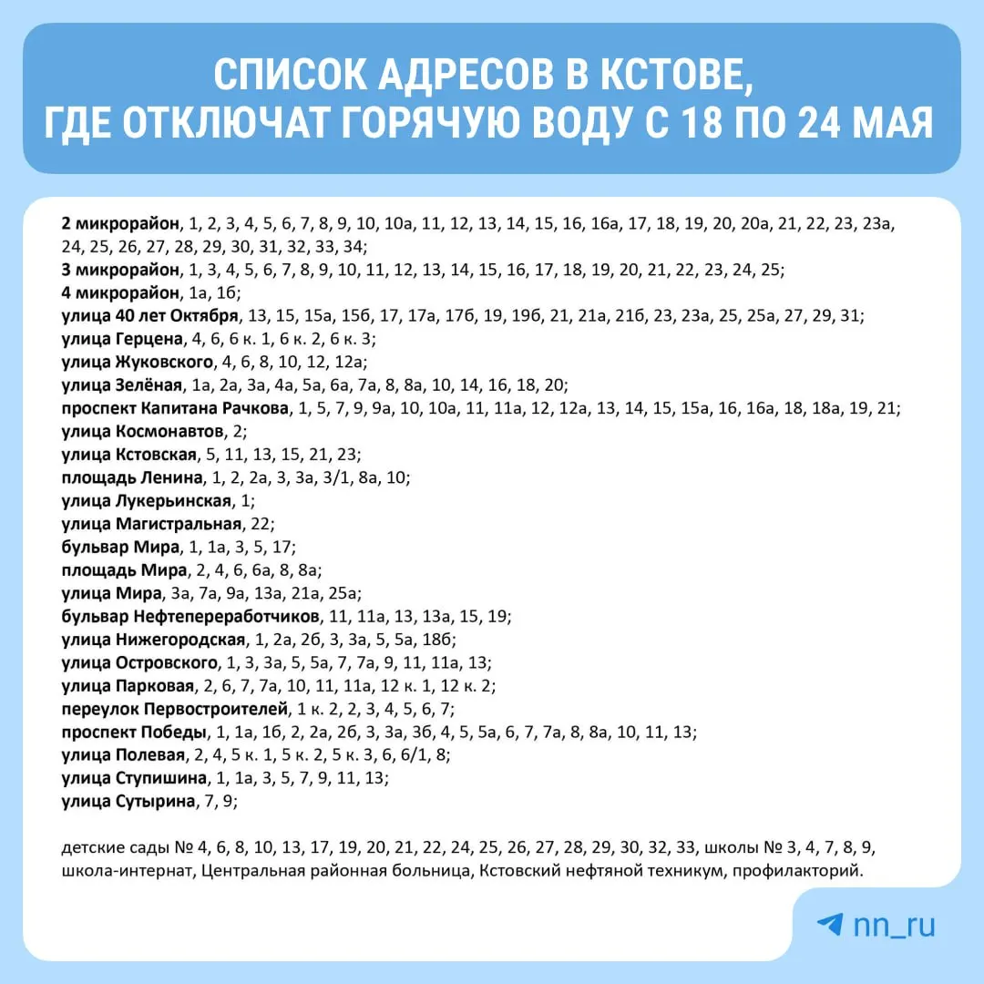 В Кстове на сетях «Т Плюс» с 18 по 24 мая пройдут гидравлические испытания: в домах, подключённых к Новогорьковской ТЭЦ, временно отключат горячее водоснабжение. При обнаружении утечек просят сообщать по указанным номерам.