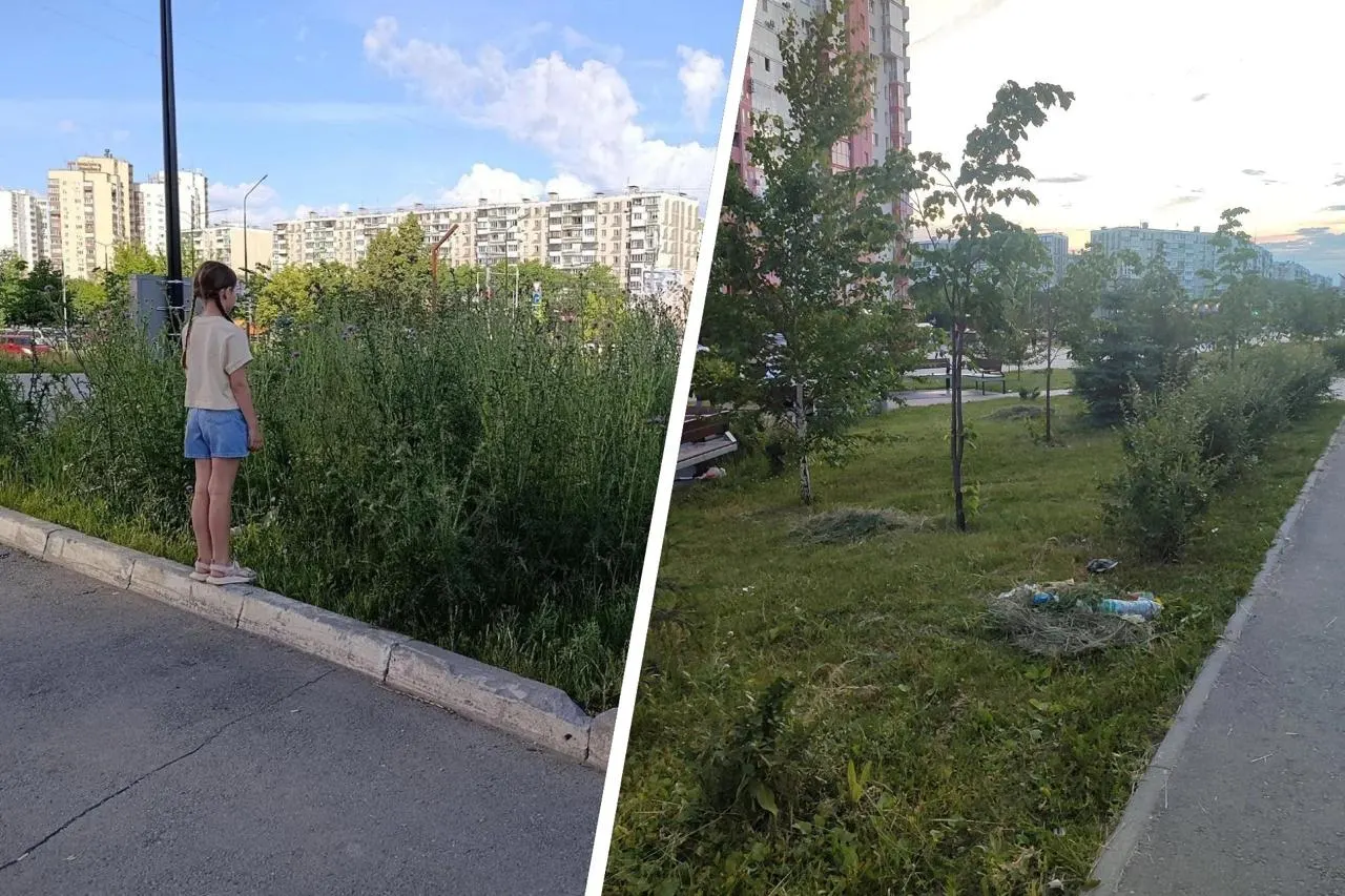 По обращениям местных жителей в сквере на улице 40-летия Победы убрали высокие сорняки, однако скошенную траву оставили кучами на газонах.