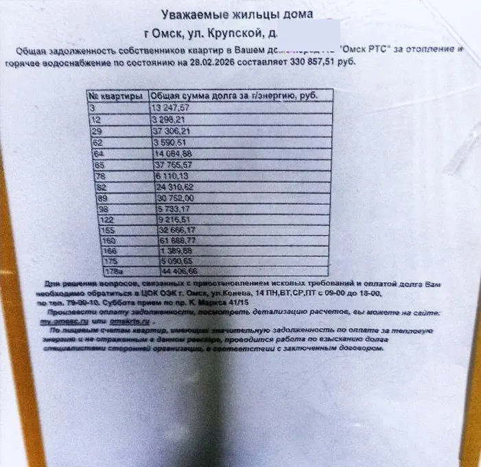 В одном из домов на Левом берегу Омска управляющая компания опубликовала список жильцов с долгами за отопление и горячую воду: суммарная задолженность превышает 330 тысяч рублей, у некоторых — десятки тысяч.