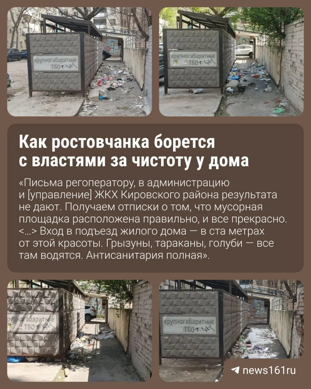 Жительница дома на Соколова, 92 сообщает о постоянных завалах мусора вокруг контейнерной площадки: из‑за отходов появились грызуны, тараканы и голуби. Регоператор и районная администрация отказываются убирать территорию.