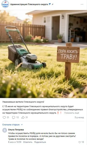 Жителей Плесецкого округа Архангельской области принуждают убирать траву не только на своих участках, но и на прилегающих территориях. При этом муниципальные земли остаются заросшими, а прокуратура не комментирует ситуацию.