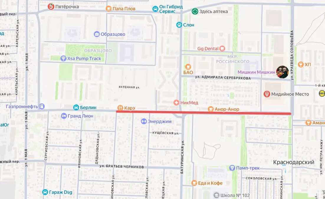 С 21 июля по 15 сентября движение будет ограничено на участке от улицы Краеведа Соловьёва до улицы Екатериновской в сторону 1-го Мая из‑за прокладки нового трубопровода.