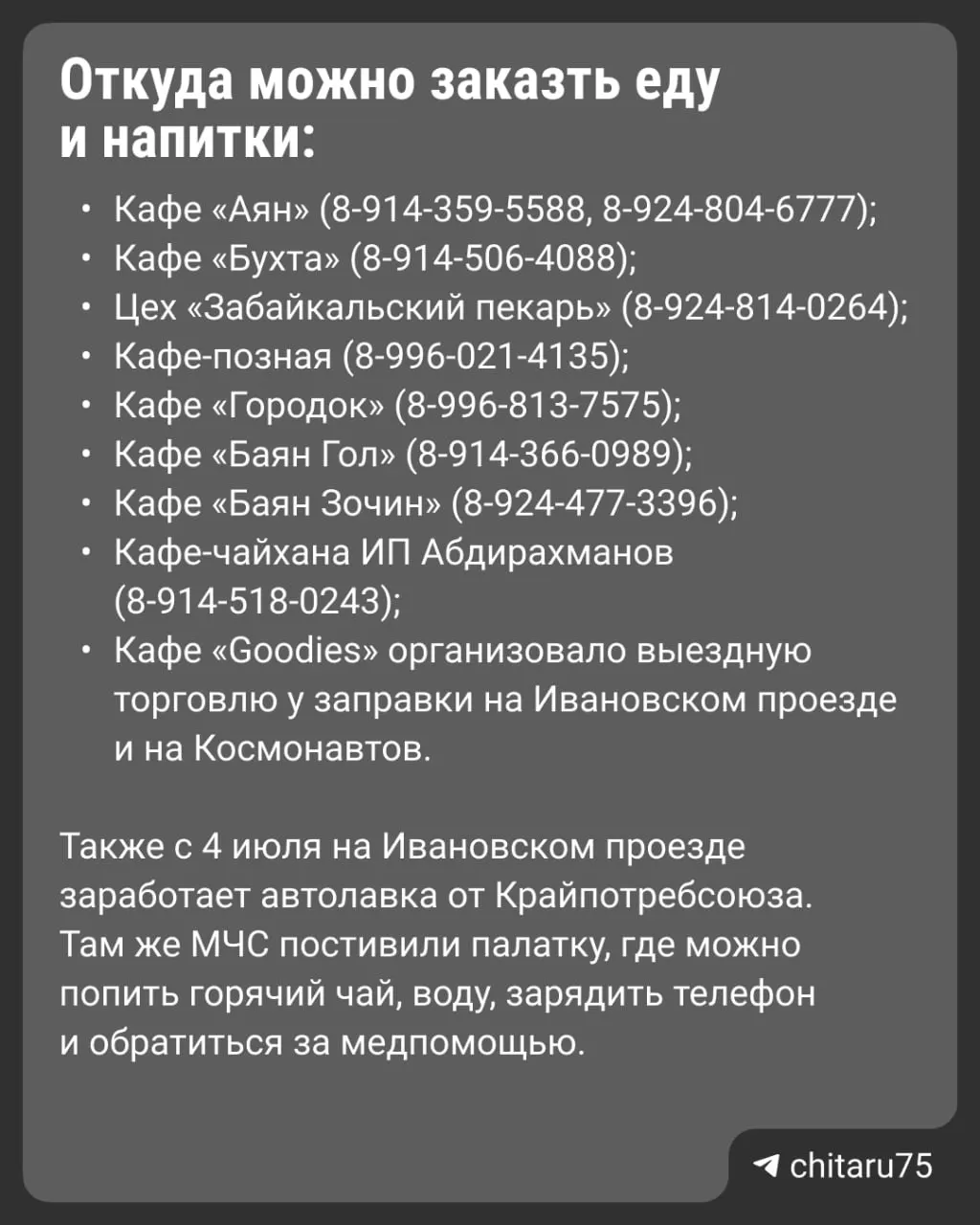 Мэр Читы Инна Щеглова сообщила список кафе, где можно заказать еду, не покидая очередь к заправке. ДМРСУ установили четыре туалетные кабинки, ещё два туалета планируют на Раздольном проезде; власти совместно с полицией и Росгвардией контролируют порядок.