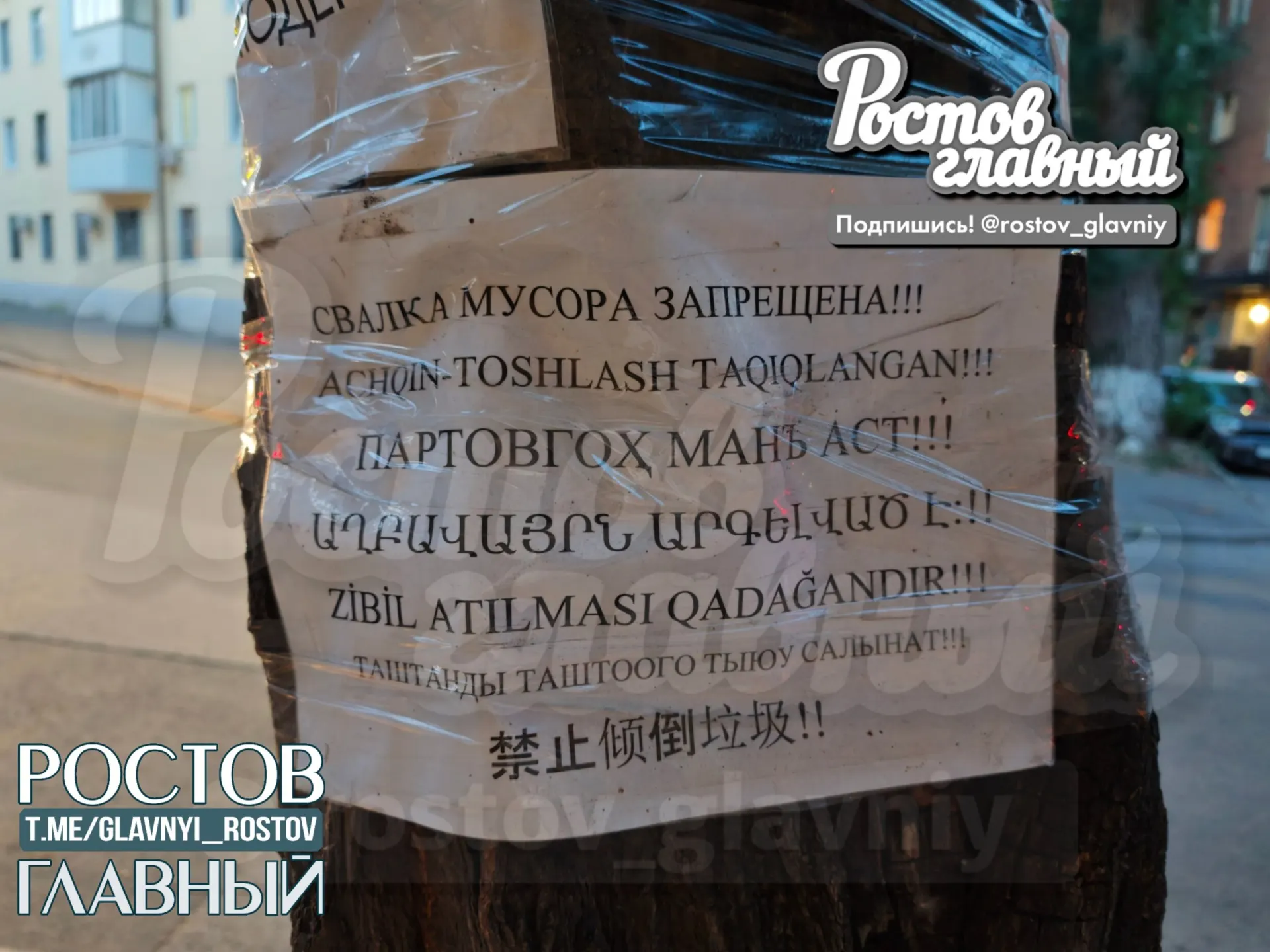 В центре Ростова появилась табличка с просьбой не мусорить — надпись дублирована на русском, узбекском, таджикском, армянском, азербайджанском, киргизском и китайском языках.