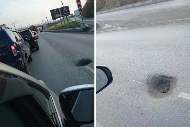 Жители Омска зафиксировали провал на дорожном полотне на улице Заозёрной в направлении Левого берега; власти проводят обследование, чтобы определить источник проблемы.