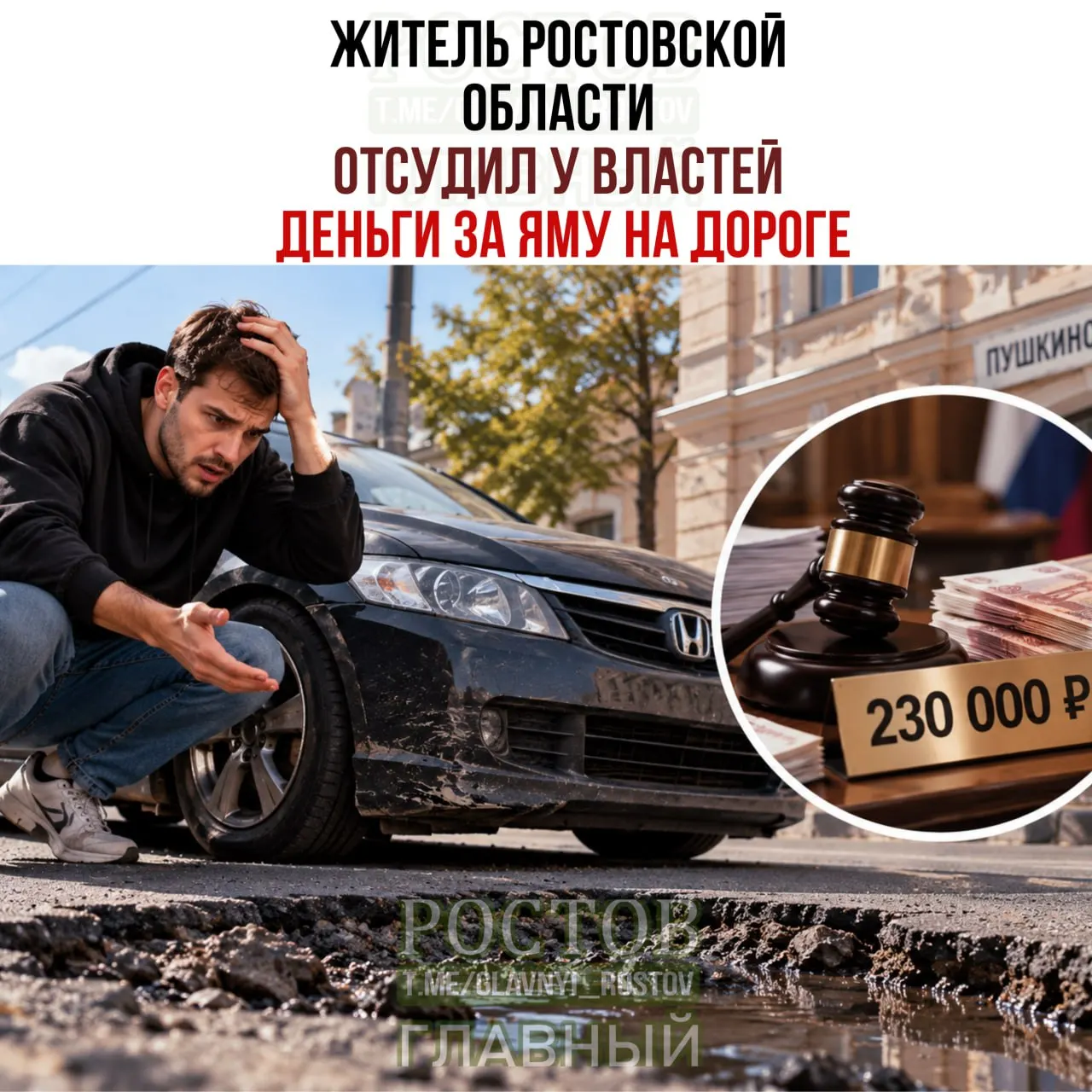 Житель Ростовской области выиграл дело против властей по возмещению ущерба за яму на дороге; суд взыскал 230 000 рублей с городского департамента ЖКХ и благоустройства.